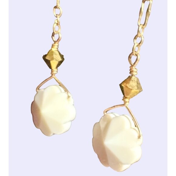 Drop dangle chain earrings 1/20 14K gold filled with Octagon Carved Flower Bead - Picture 3 of 6